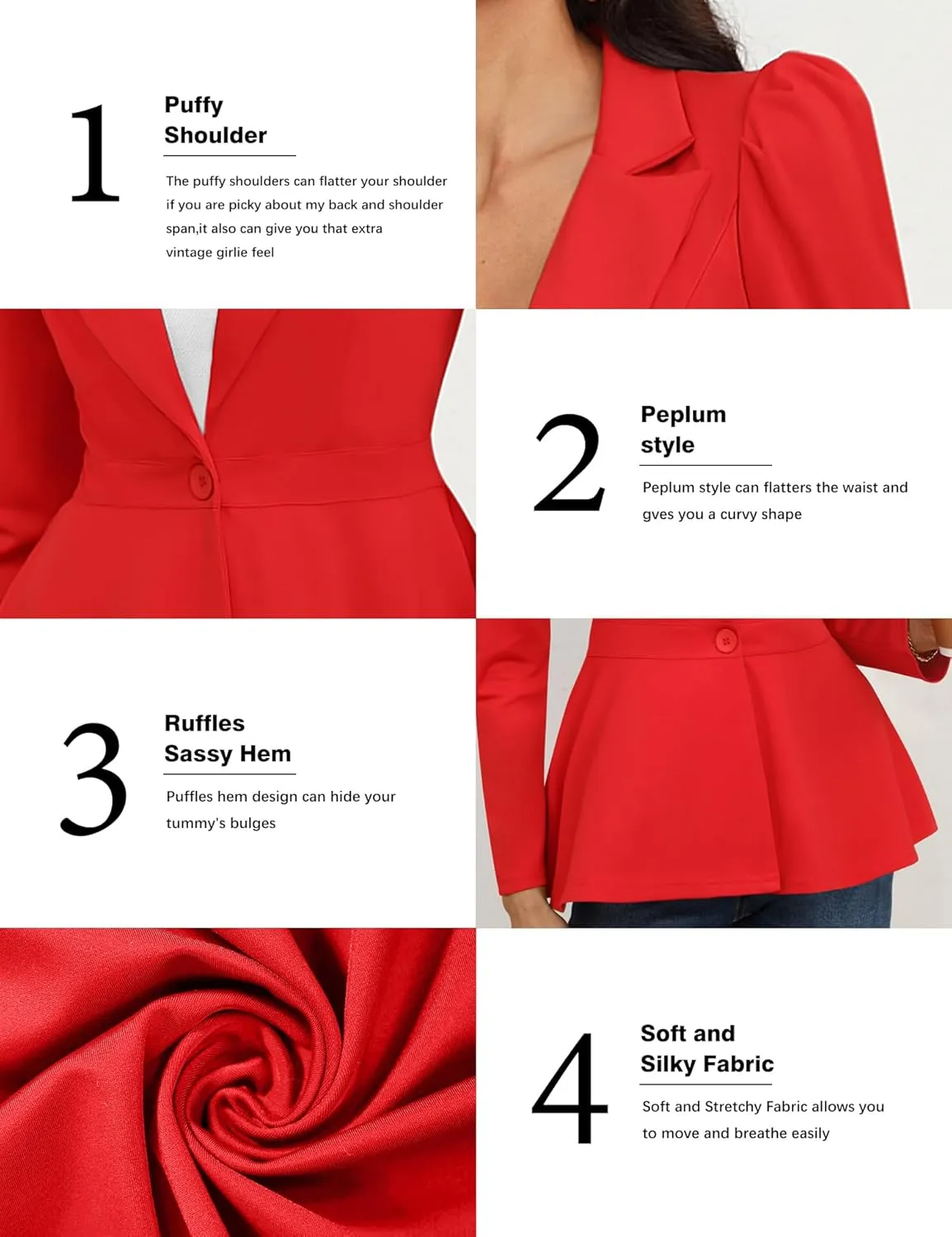 Genhoo Women's Business Casual Blazer Jackets Dressy Puff Sleeve Single Button Peplum Comfy Work Office Blazers