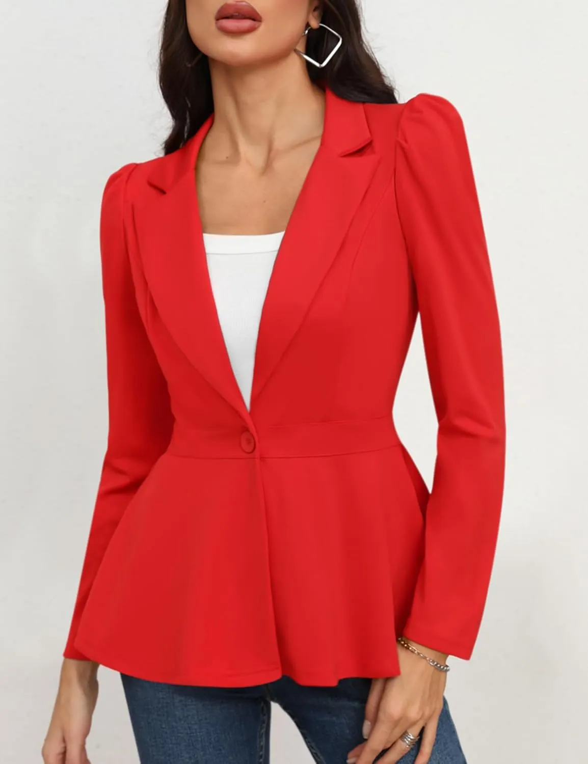 Genhoo Women's Business Casual Blazer Jackets Dressy Puff Sleeve Single Button Peplum Comfy Work Office Blazers