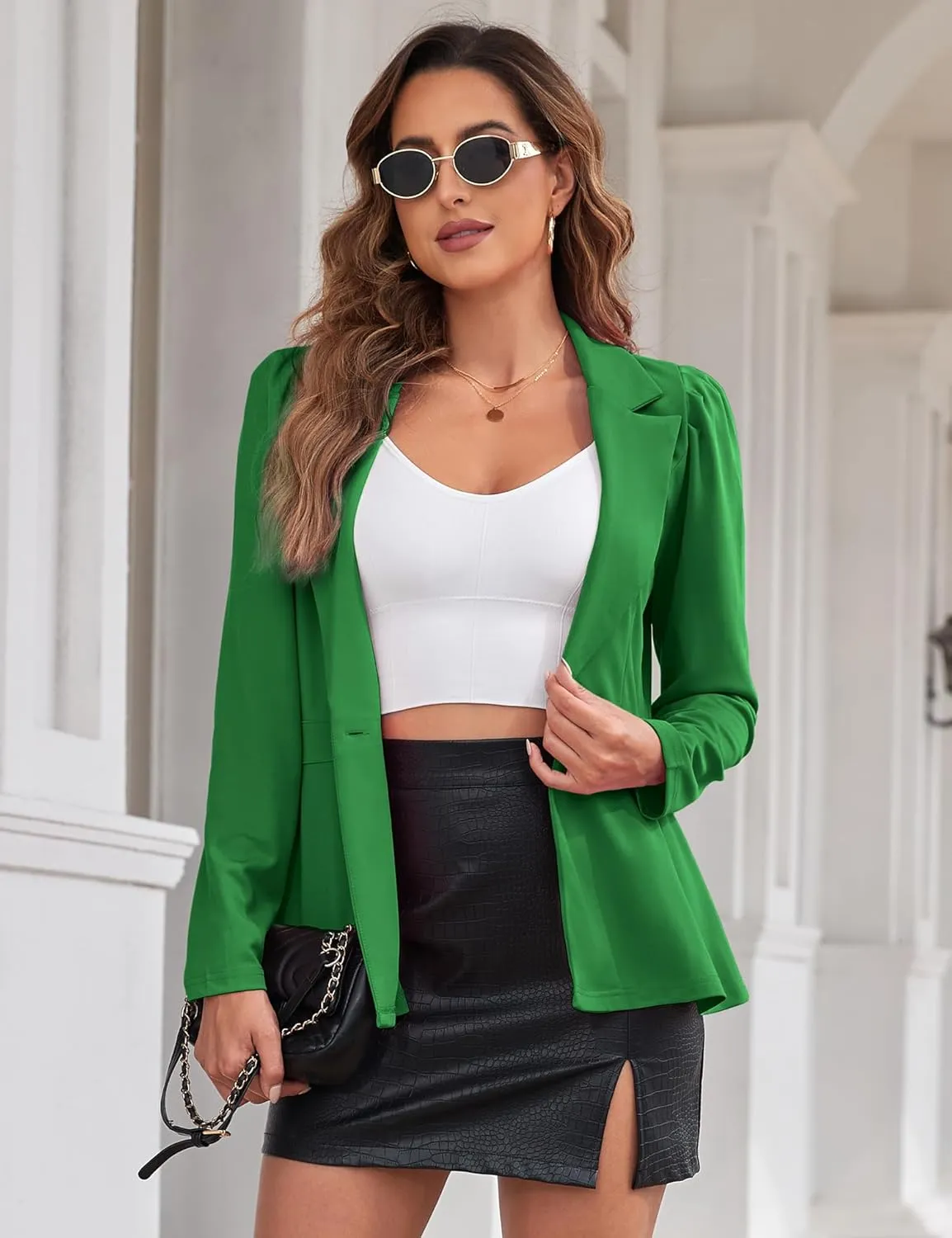 Genhoo Women's Business Casual Blazer Jackets Dressy Puff Sleeve Single Button Peplum Comfy Work Office Blazers