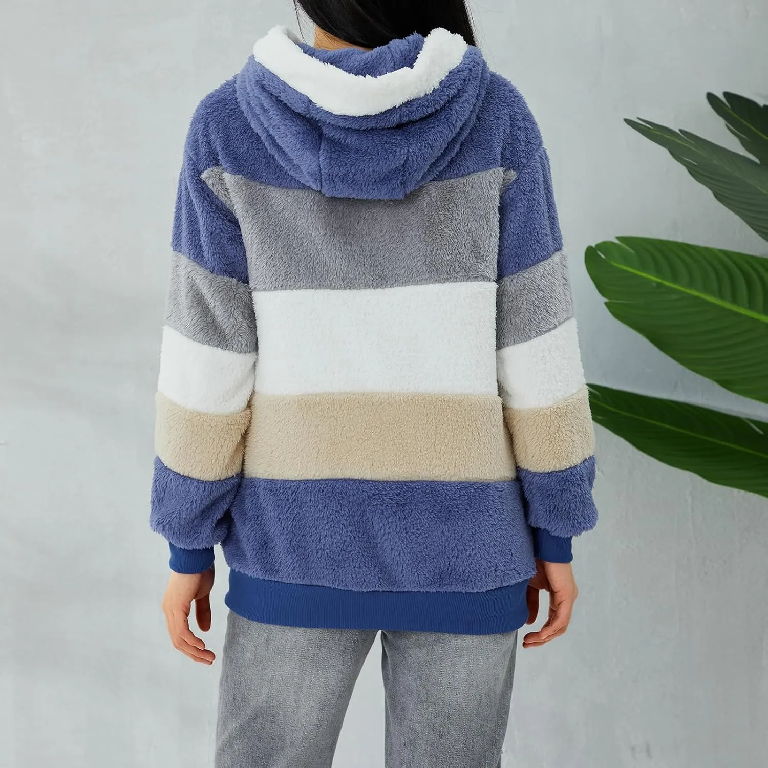 Giraropa Women Fleece Jackets Zip Hoodies Sherpa Teddy Coat Winter Warm Oversized Sweatshirt Contrast Fluffy Jumper Outwear