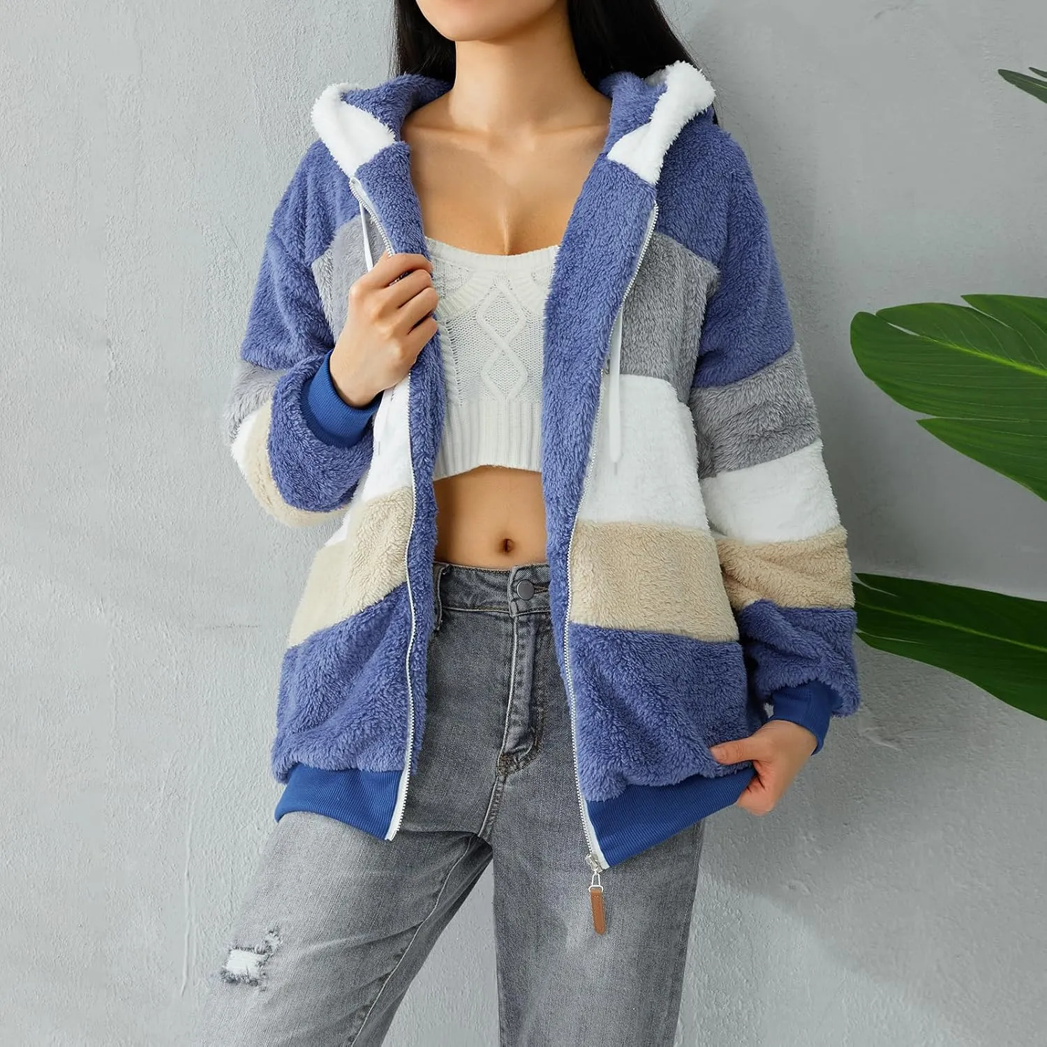 Giraropa Women Fleece Jackets Zip Hoodies Sherpa Teddy Coat Winter Warm Oversized Sweatshirt Contrast Fluffy Jumper Outwear