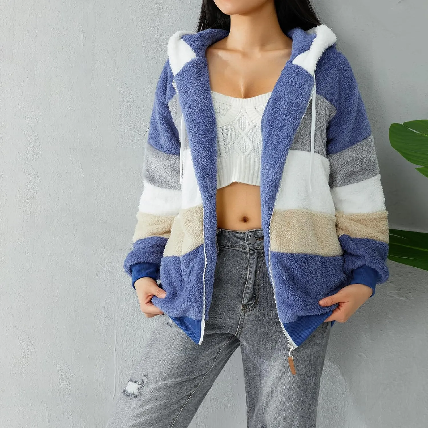 Giraropa Women Fleece Jackets Zip Hoodies Sherpa Teddy Coat Winter Warm Oversized Sweatshirt Contrast Fluffy Jumper Outwear