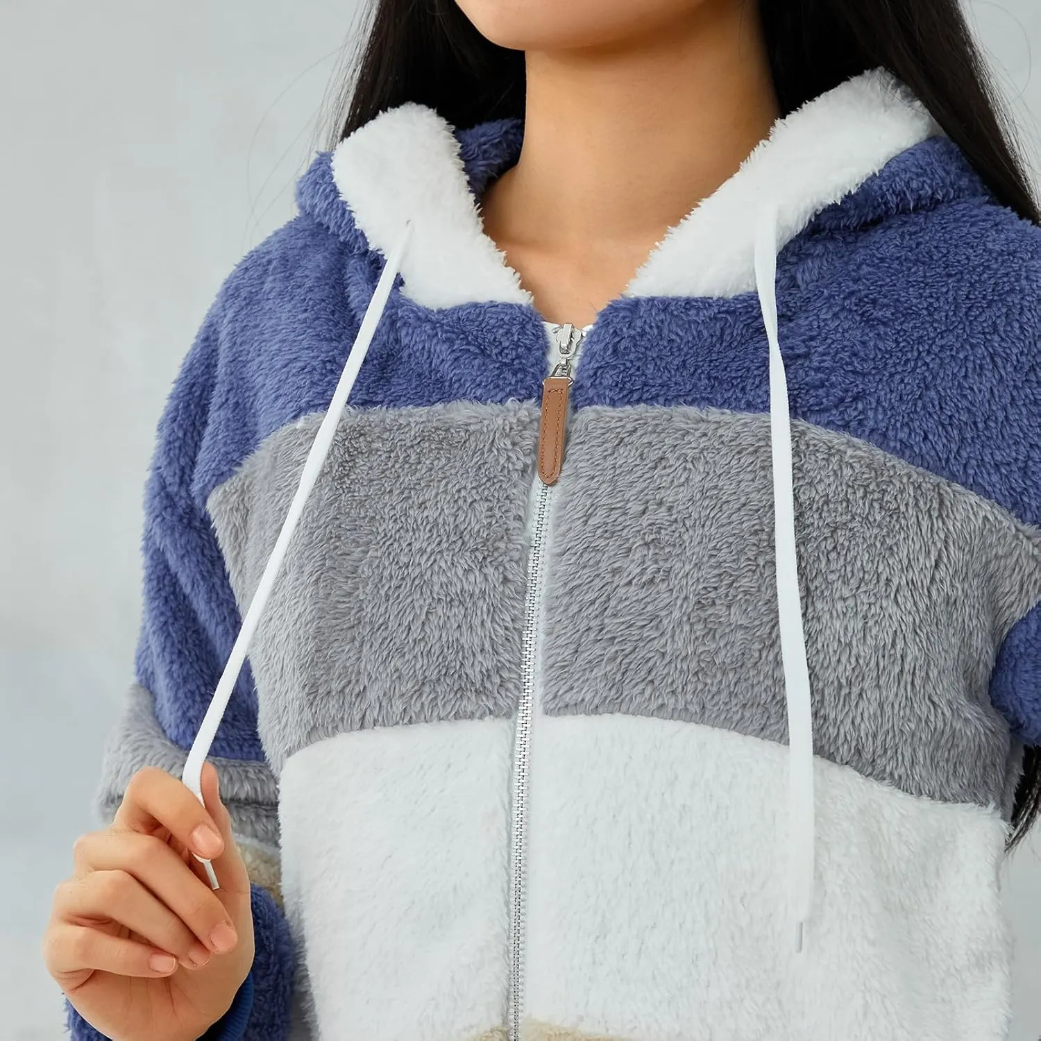 Giraropa Women Fleece Jackets Zip Hoodies Sherpa Teddy Coat Winter Warm Oversized Sweatshirt Contrast Fluffy Jumper Outwear
