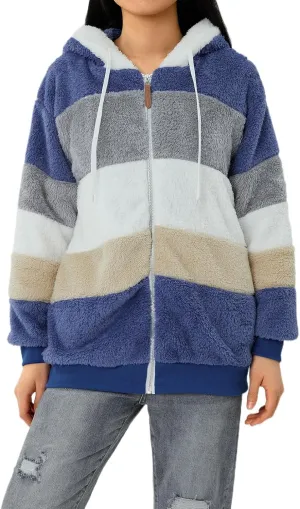 Giraropa Women Fleece Jackets Zip Hoodies Sherpa Teddy Coat Winter Warm Oversized Sweatshirt Contrast Fluffy Jumper Outwear