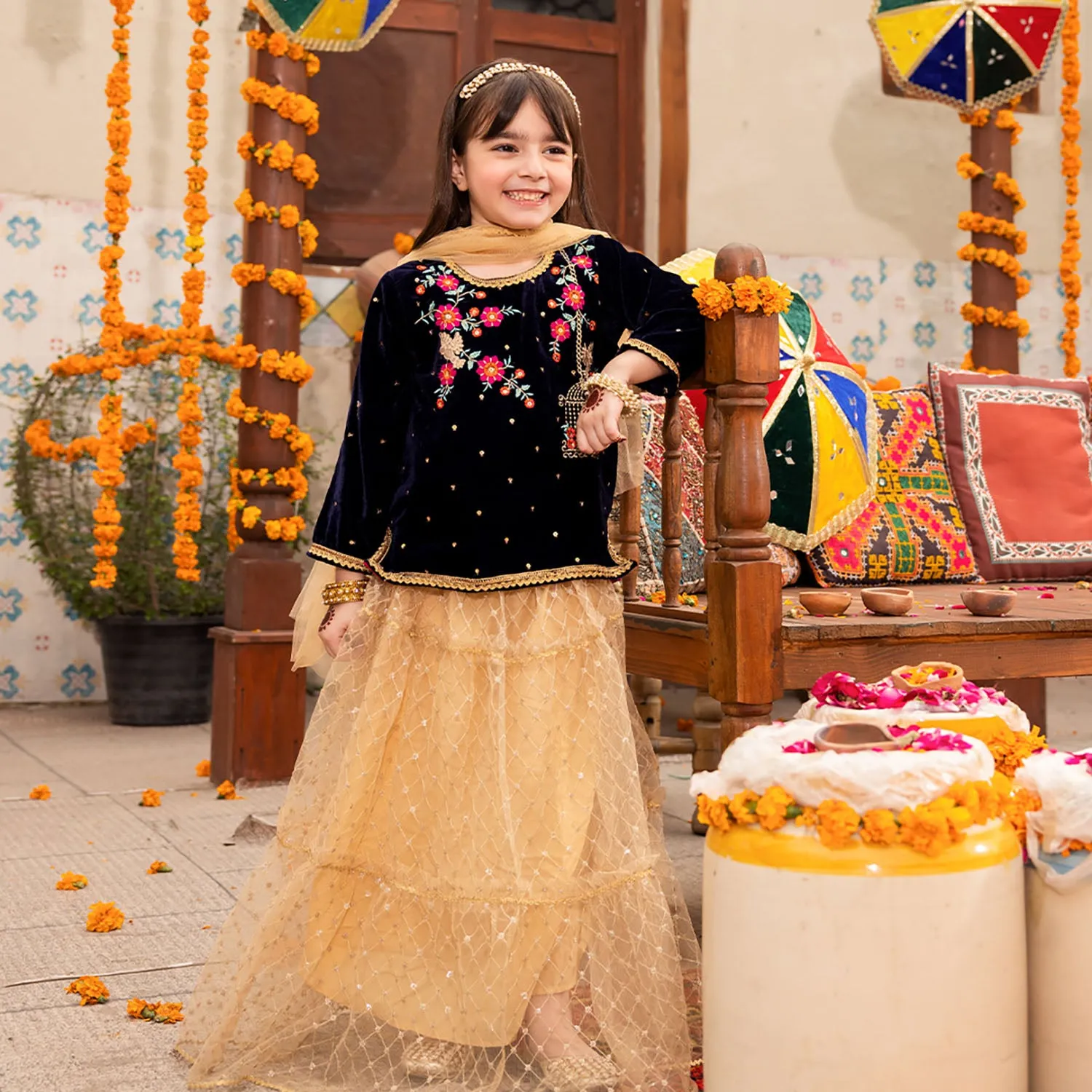 Girls 3PCs Suit Phool Bahar-Navy Blue
