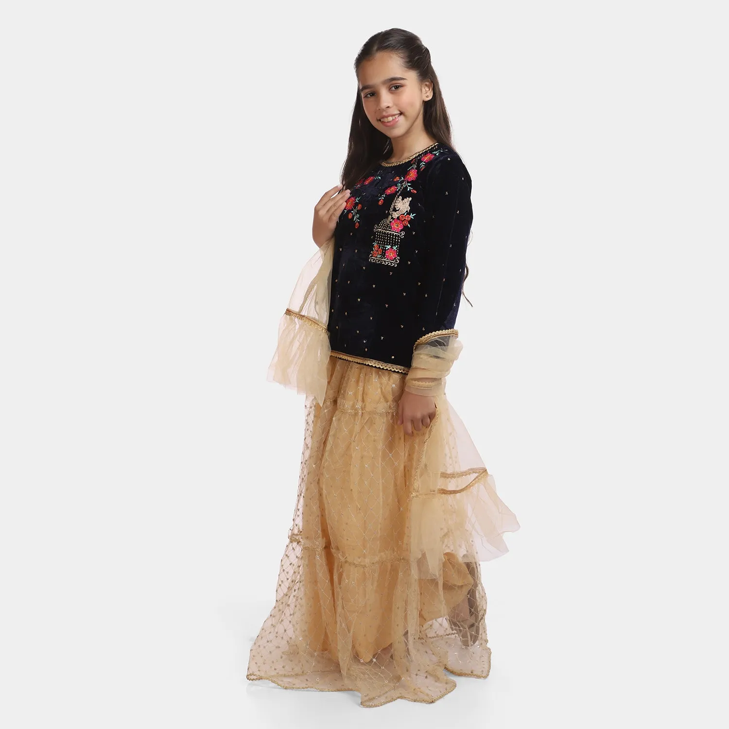 Girls 3PCs Suit Phool Bahar-Navy Blue