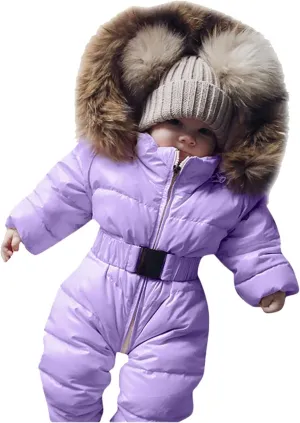 Girls Hooded Coat Infant Baby Snowsuit Romper Hooded Winter Warm Outerwear Jacket Jumpsuit Coat,Kids Cotton Padded Outwear(Purple,0-3 Months)