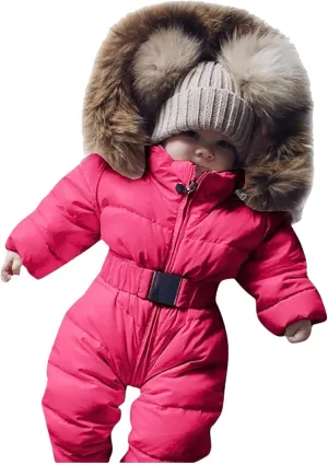 Girls Hooded Coat Infant Baby Snowsuit Romper Hooded Winter Warm Outerwear Jacket Jumpsuit Coat,Kids Cotton Padded Outwear(Red,0-3 Months)