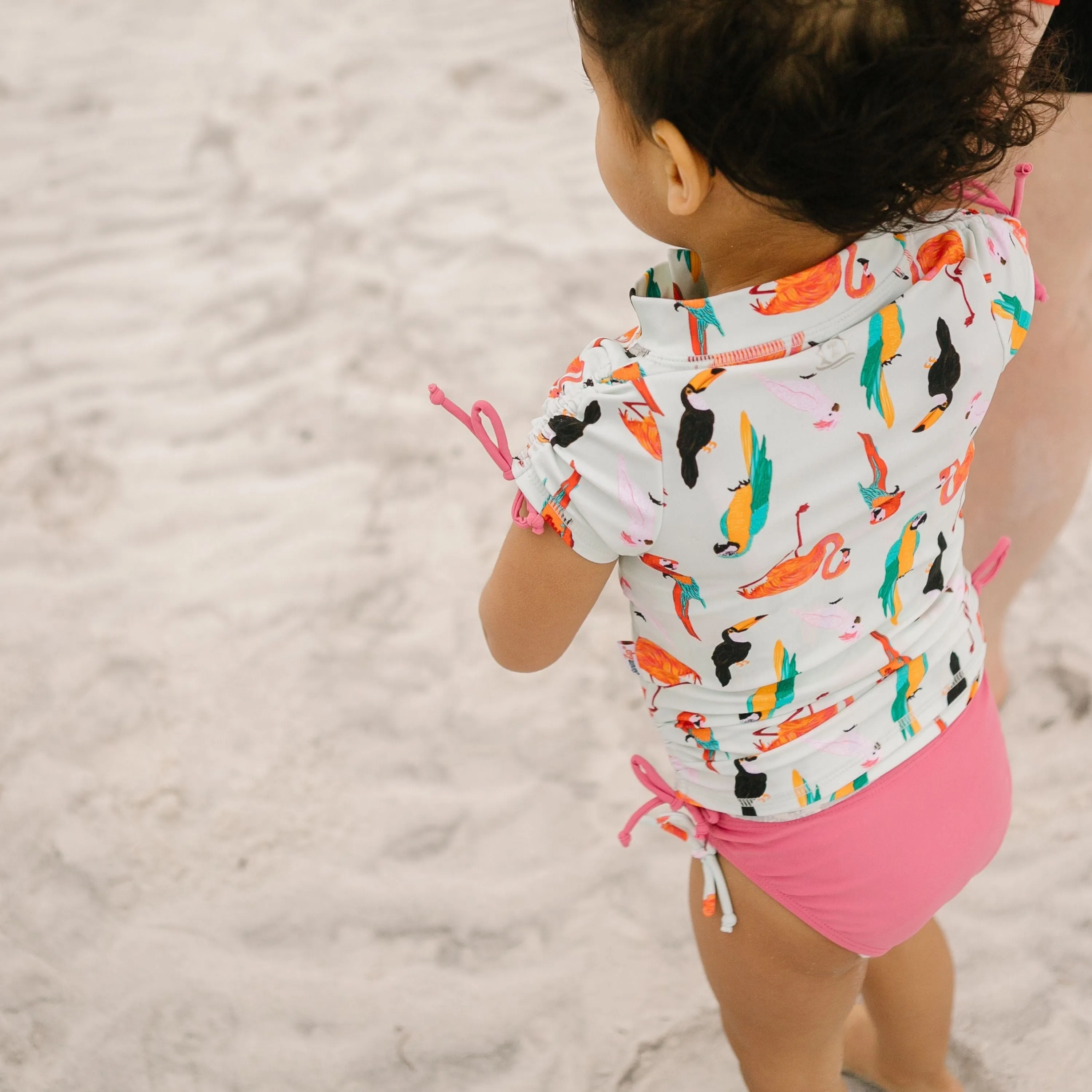 Girls Short Sleeve Rash Guard   Tankini Bikini Set (3 Piece) | "Tropical Birds”