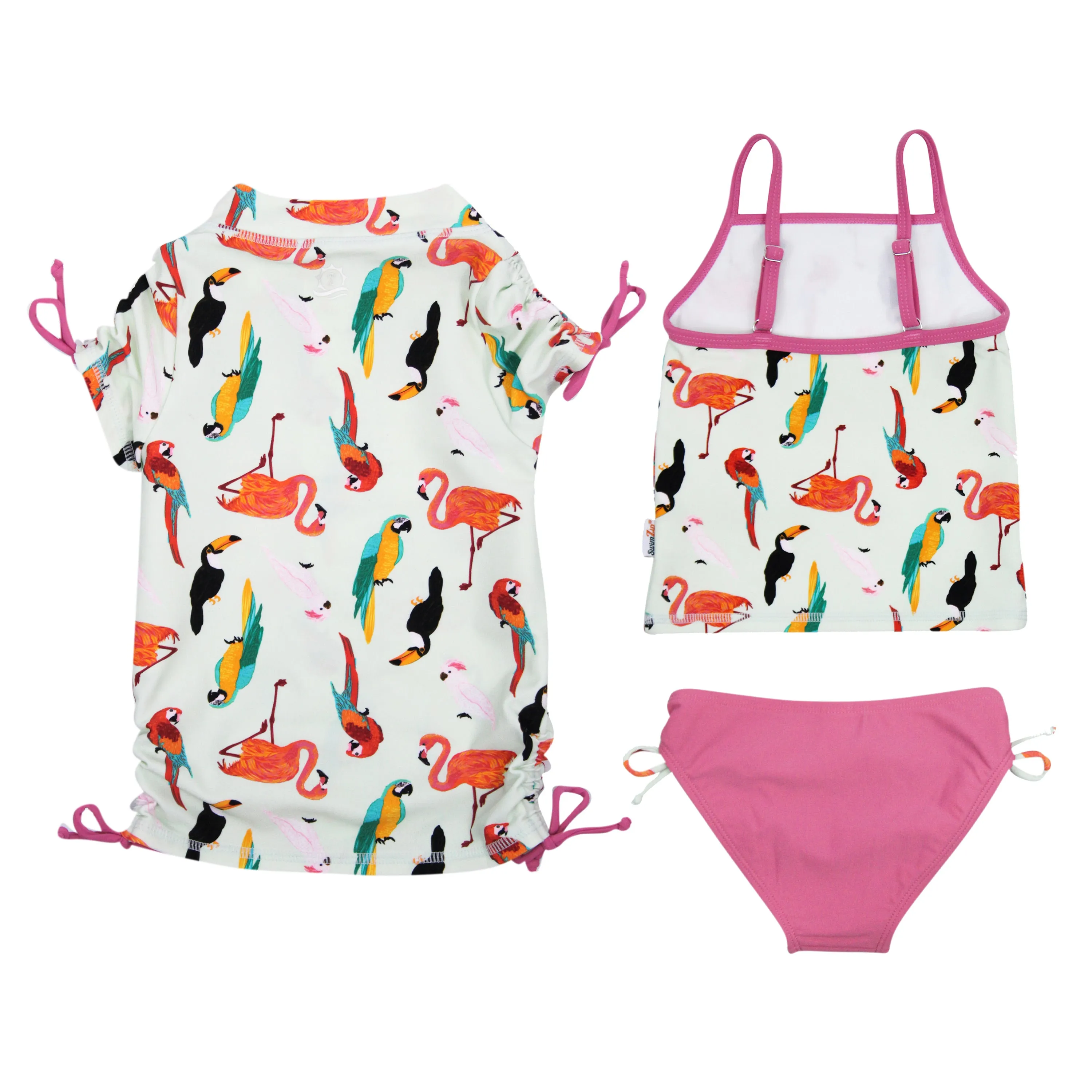 Girls Short Sleeve Rash Guard   Tankini Bikini Set (3 Piece) | "Tropical Birds”