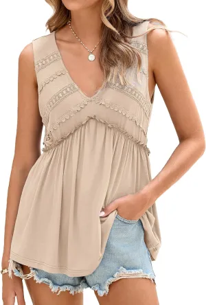 Glamaker Women Summer Tank Tops Babydoll Beach Lace Peplum Tops Flowy Sleeveless V Neck Casual Tunic Shirts