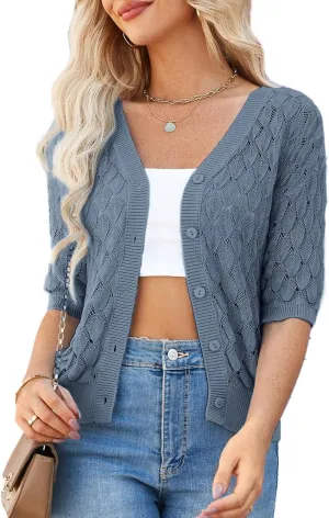 GRACE KARIN Women's Summer Short Sleeve Cropped Cardigan Sweaters Crochet Knit Shrug Open Front V-Neck Button up Tops