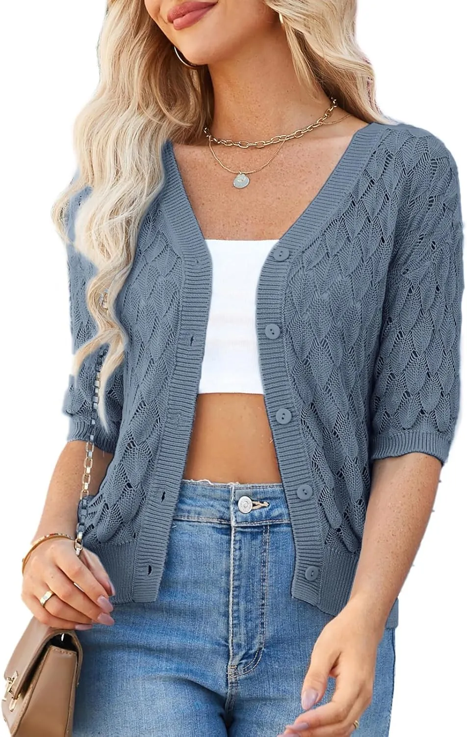 GRACE KARIN Women's Summer Short Sleeve Cropped Cardigan Sweaters Crochet Knit Shrug Open Front V-Neck Button up Tops