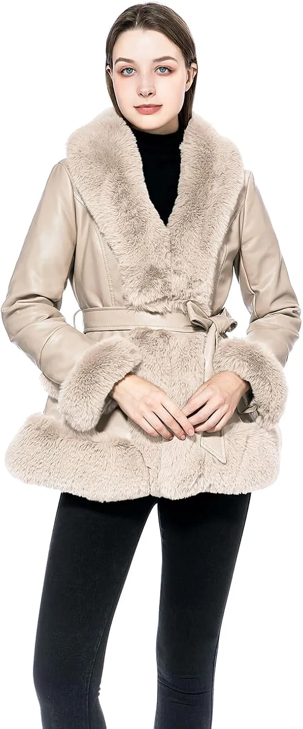 GRAN ORIENTE Women's Faux Leather Jacket with Faux Fur Collar, Winter Long Sleeve Furry Trim Peplum Parka Coat with Belt