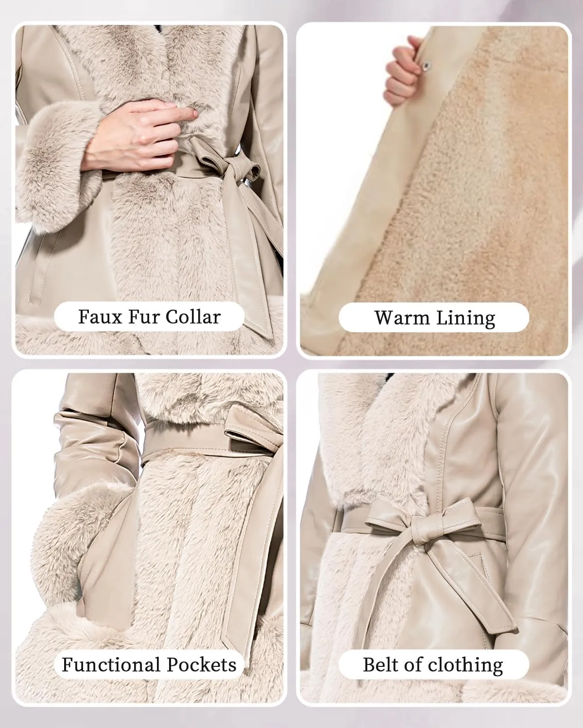GRAN ORIENTE Women's Faux Leather Jacket with Faux Fur Collar, Winter Long Sleeve Furry Trim Peplum Parka Coat with Belt