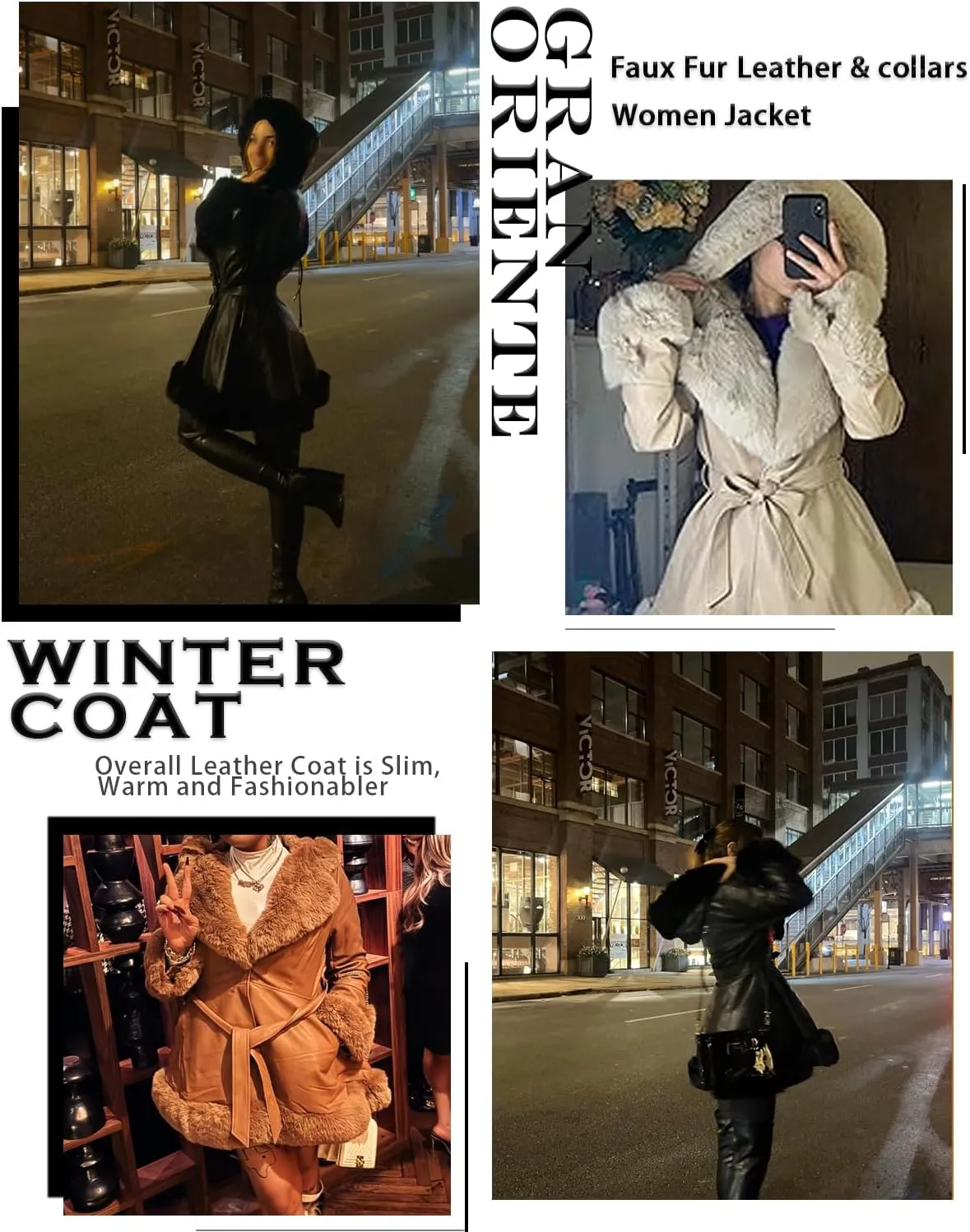 GRAN ORIENTE Women's Faux Leather Jacket with Faux Fur Collar, Winter Long Sleeve Furry Trim Peplum Parka Coat with Belt