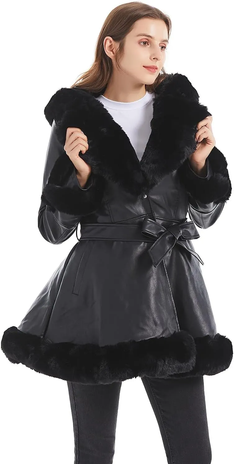 GRAN ORIENTE Women's Faux Leather Jacket with Faux Fur Collar, Winter Long Sleeve Furry Trim Peplum Parka Coat with Belt
