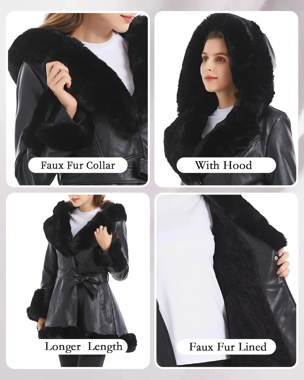 GRAN ORIENTE Women's Faux Leather Jacket with Faux Fur Collar, Winter Long Sleeve Furry Trim Peplum Parka Coat with Belt