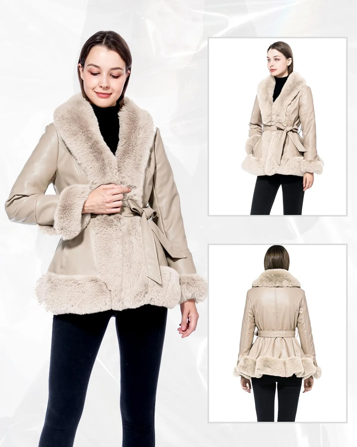GRAN ORIENTE Women's Faux Leather Jacket with Faux Fur Collar, Winter Long Sleeve Furry Trim Peplum Parka Coat with Belt