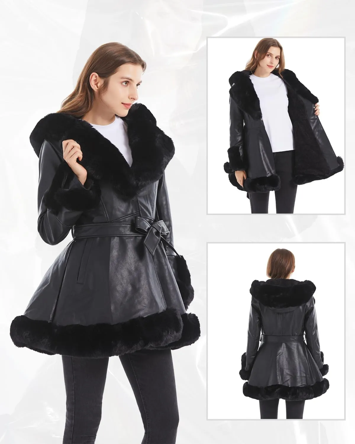 GRAN ORIENTE Women's Faux Leather Jacket with Faux Fur Collar, Winter Long Sleeve Furry Trim Peplum Parka Coat with Belt