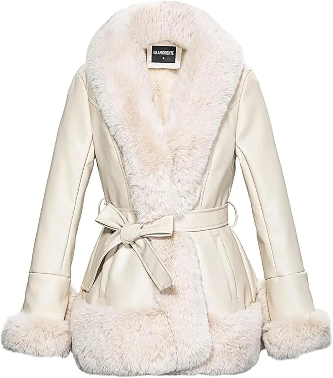 GRAN ORIENTE Women's Faux Leather Jacket with Faux Fur Collar, Winter Long Sleeve Furry Trim Peplum Parka Coat with Belt