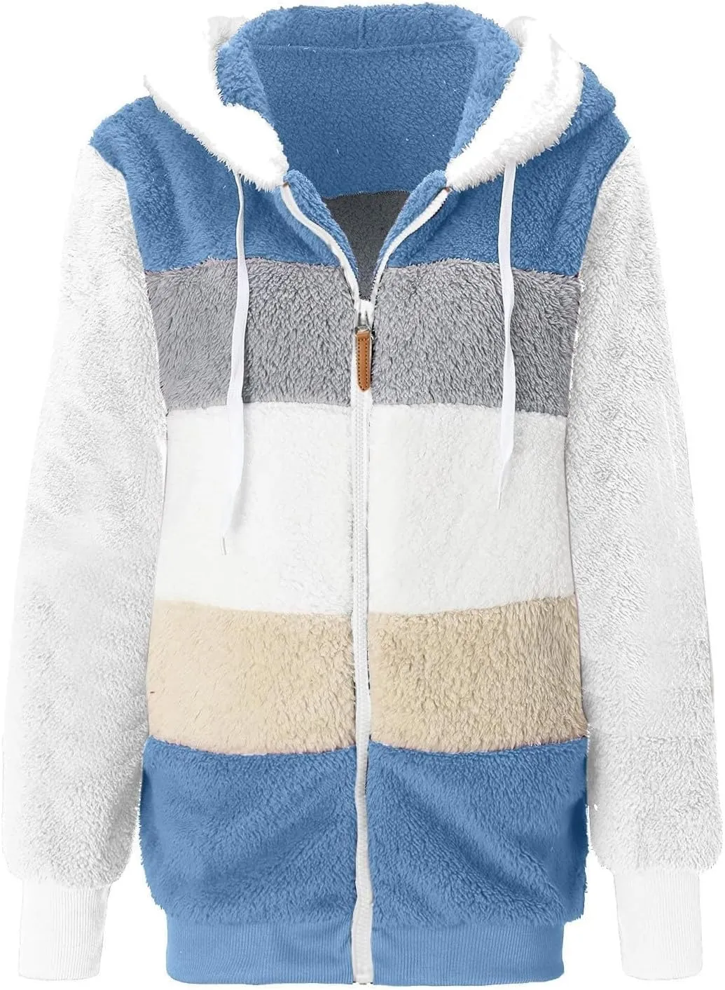 Gumipy Fleece Jacket Women Plus Size Hooded Sherpa Jacket Coat Fuzzy Color Block Patchwork Zip Up Jackets Hoodie with Pockets