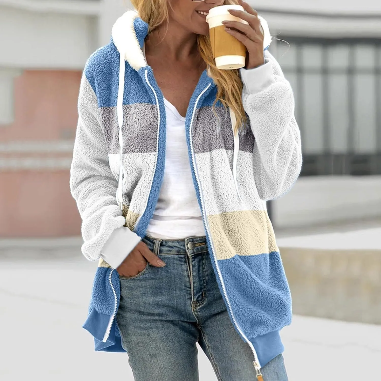 Gumipy Fleece Jacket Women Plus Size Hooded Sherpa Jacket Coat Fuzzy Color Block Patchwork Zip Up Jackets Hoodie with Pockets