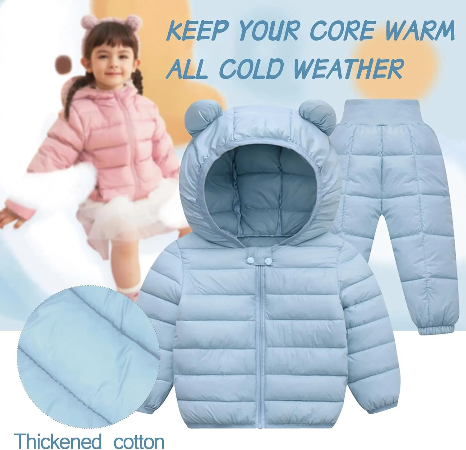 Happy Cherry Baby Boys Girls Two Piece Snowsuit Winter Hooded Puffer Down Jacket and Elastic Waist Snow Pants Sets