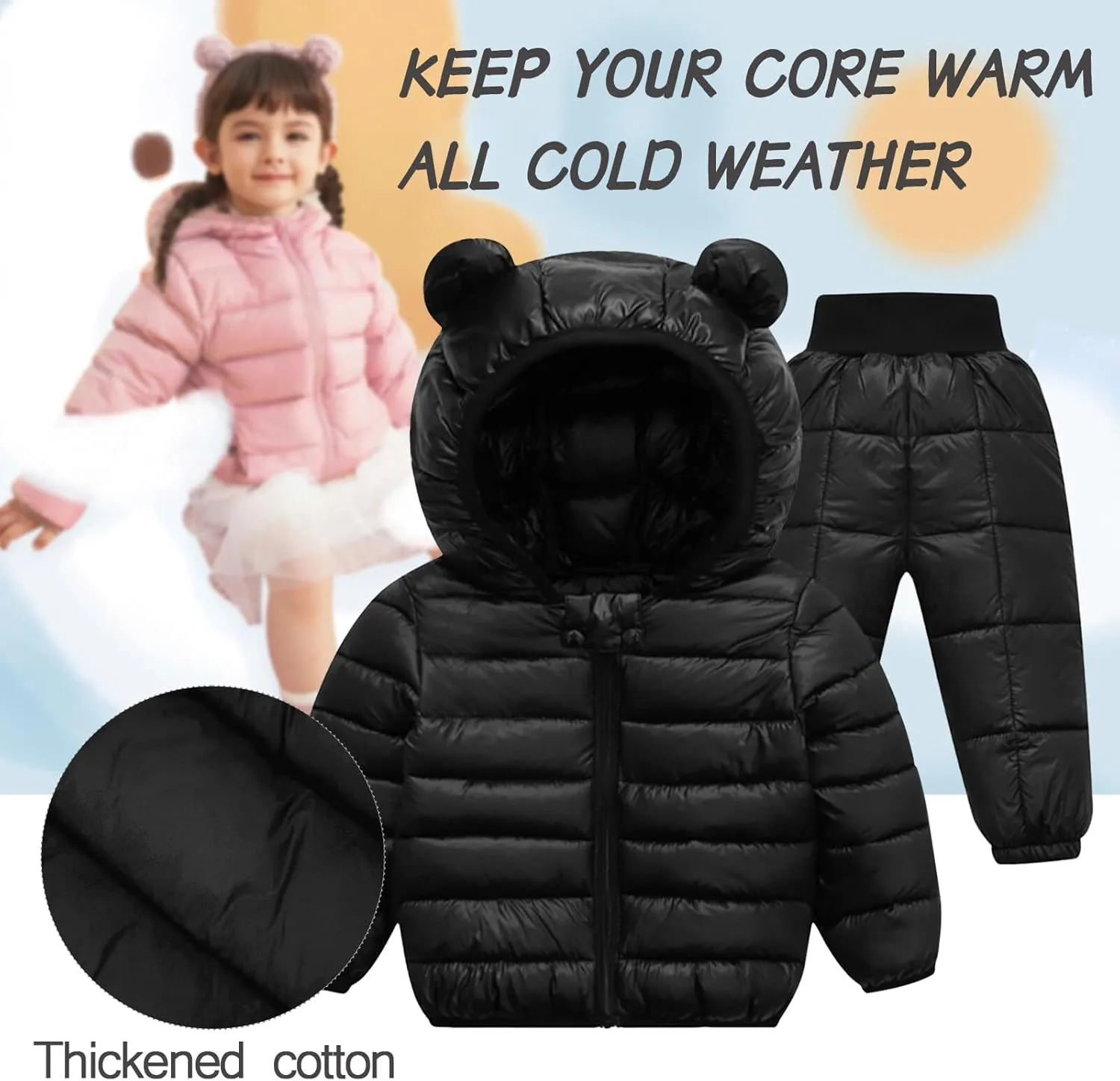 Happy Cherry Baby Boys Girls Two Piece Snowsuit Winter Hooded Puffer Down Jacket and Elastic Waist Snow Pants Sets