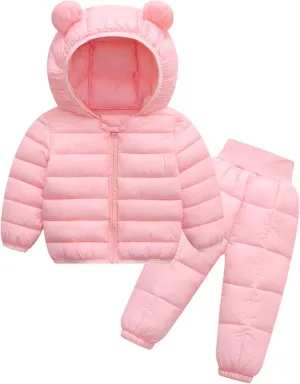 Happy Cherry Baby Boys Girls Two Piece Snowsuit Winter Hooded Puffer Down Jacket and Elastic Waist Snow Pants Sets