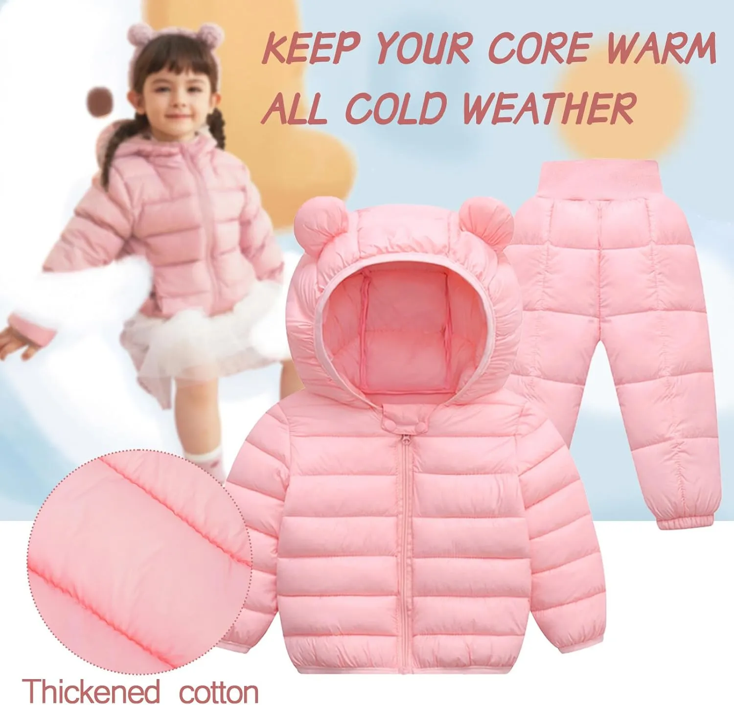 Happy Cherry Baby Boys Girls Two Piece Snowsuit Winter Hooded Puffer Down Jacket and Elastic Waist Snow Pants Sets