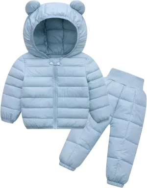 Happy Cherry Baby Boys Girls Two Piece Snowsuit Winter Hooded Puffer Down Jacket and Elastic Waist Snow Pants Sets