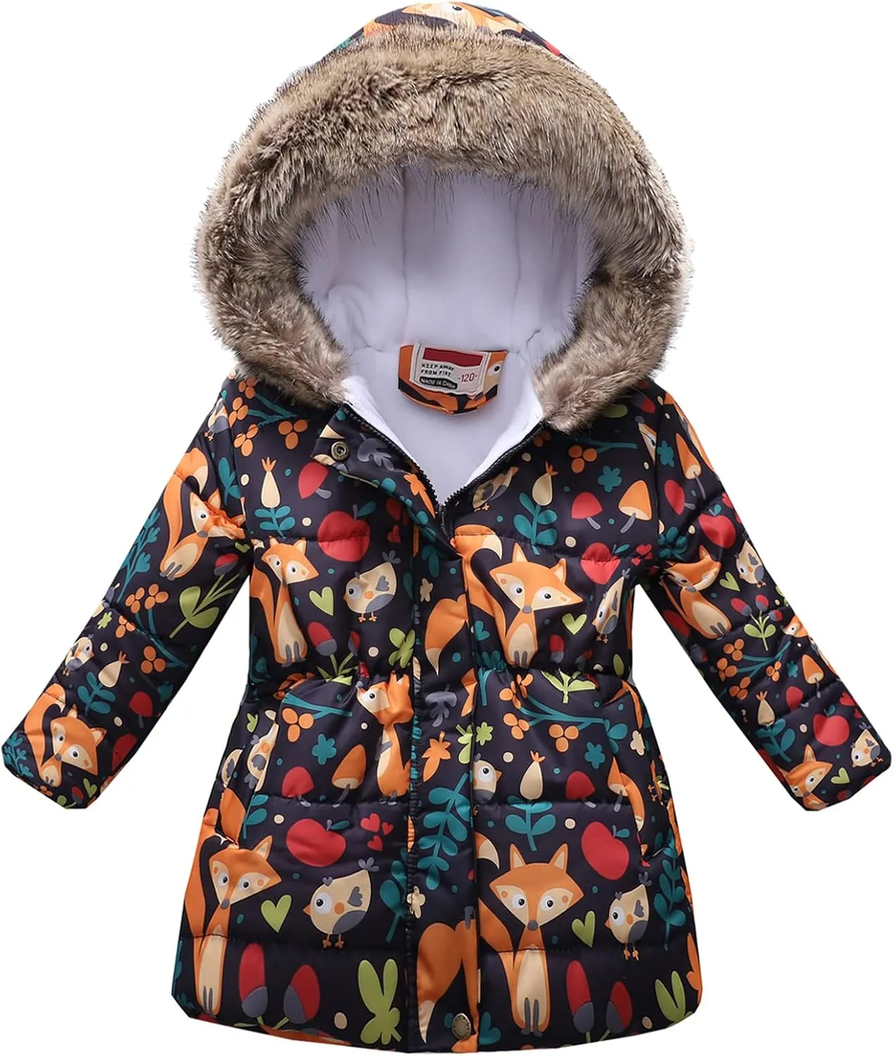 Happy Cherry Girl's Fleece Line Hooded Jacket Faux Fur Trim Winter Warm Coat Long Padded Outwear Snow Puffer Jackets