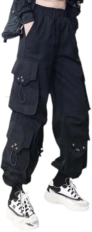 Harem Pants Women Cargo Pants Side Big Pockets Hip Hop Black Elastic Waist Loose Joggers Trousers