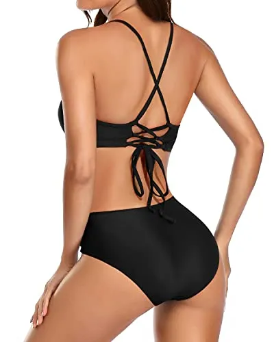 High Cut Tie Side String Bikini Sets For Women-Black