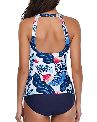 High Neck Halter Scoop Back Tankini With Shorts-White And Blue Floral