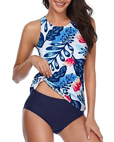 High Neck Halter Scoop Back Tankini With Shorts-White And Blue Floral