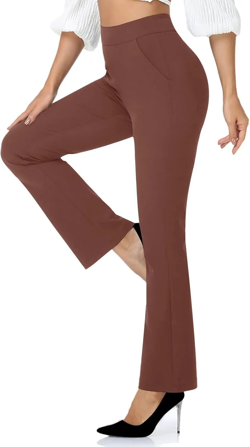 High Waisted Dress Pants for Women Bootcut Elastic Waist Pull On Work Slacks Stretchy Trousers Flared Yoga Leggings