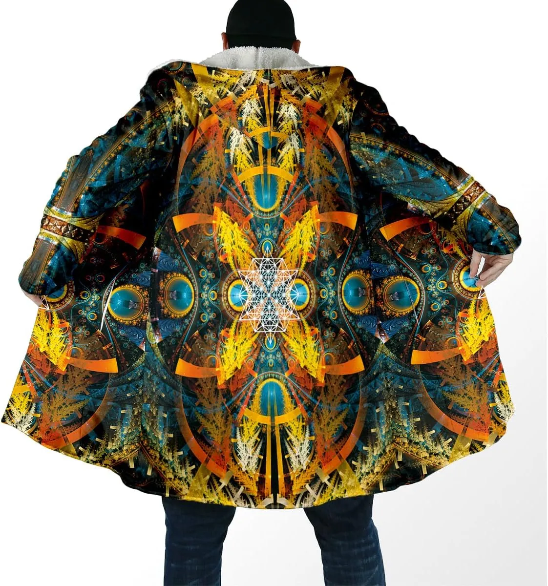 Hippie Psychedelic Colorful Trippy 3D Print Dream Cloak Thick Warm Hooded Men Overcoat Windproof Fleece Jacket