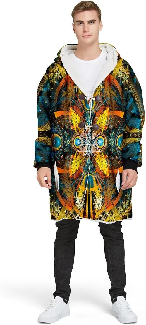 Hippie Psychedelic Colorful Trippy 3D Print Dream Cloak Thick Warm Hooded Men Overcoat Windproof Fleece Jacket