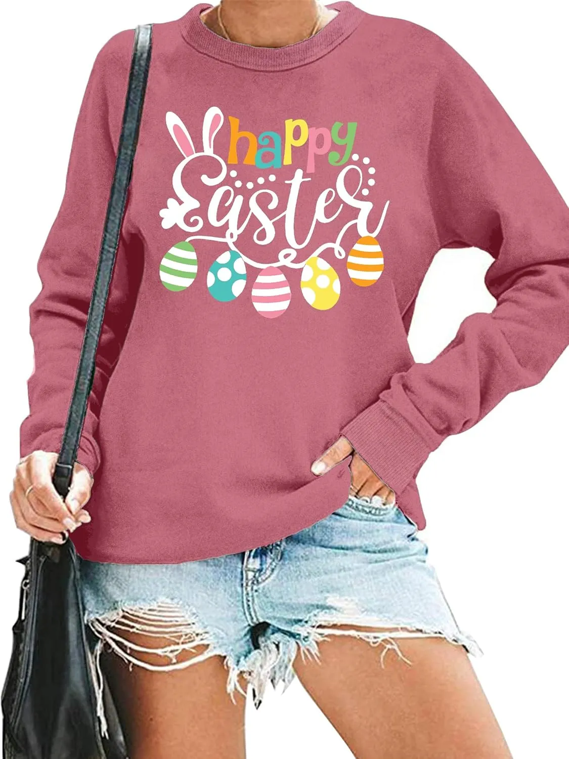 hohololo Women Happy Easter Sweatshirt Bunny Rabbit Graphic Shirt Cute Letter Printed Long Sleeve Pullover
