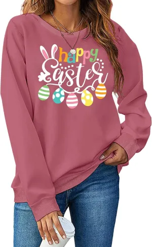 hohololo Women Happy Easter Sweatshirt Bunny Rabbit Graphic Shirt Cute Letter Printed Long Sleeve Pullover