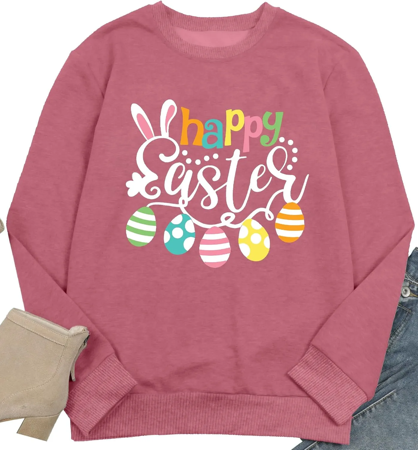 hohololo Women Happy Easter Sweatshirt Bunny Rabbit Graphic Shirt Cute Letter Printed Long Sleeve Pullover