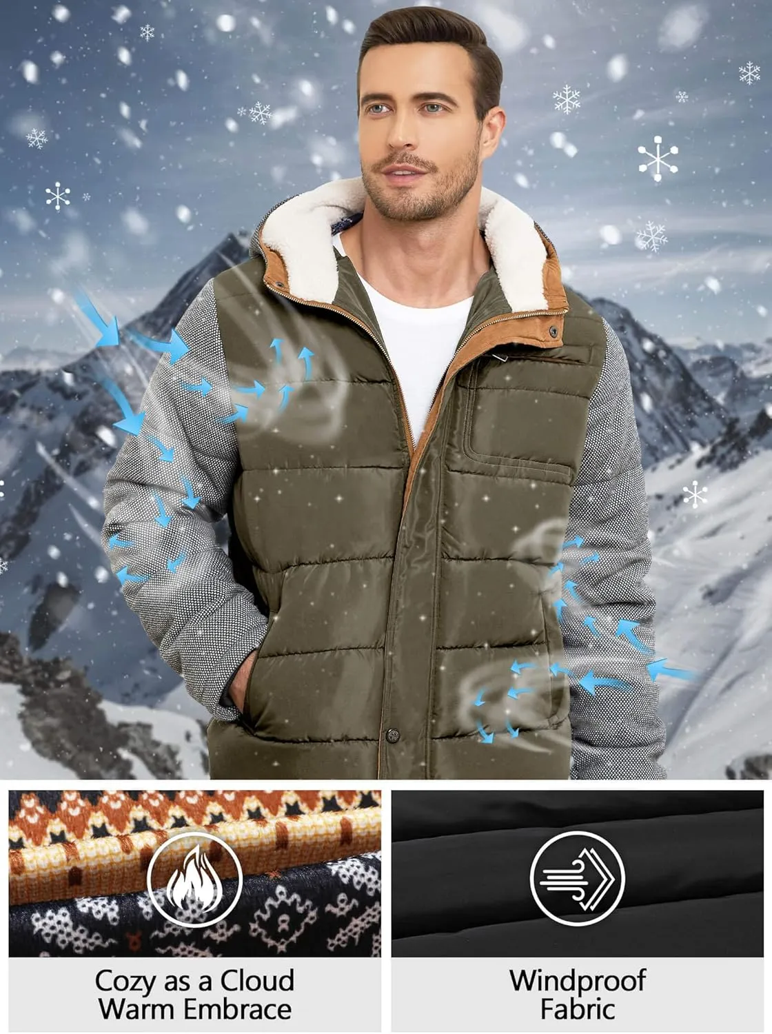 HYPESTFIT Mens Winter Jacket Puffer Fleece Lining Warm Windproof Thicken Ski Parka Coat