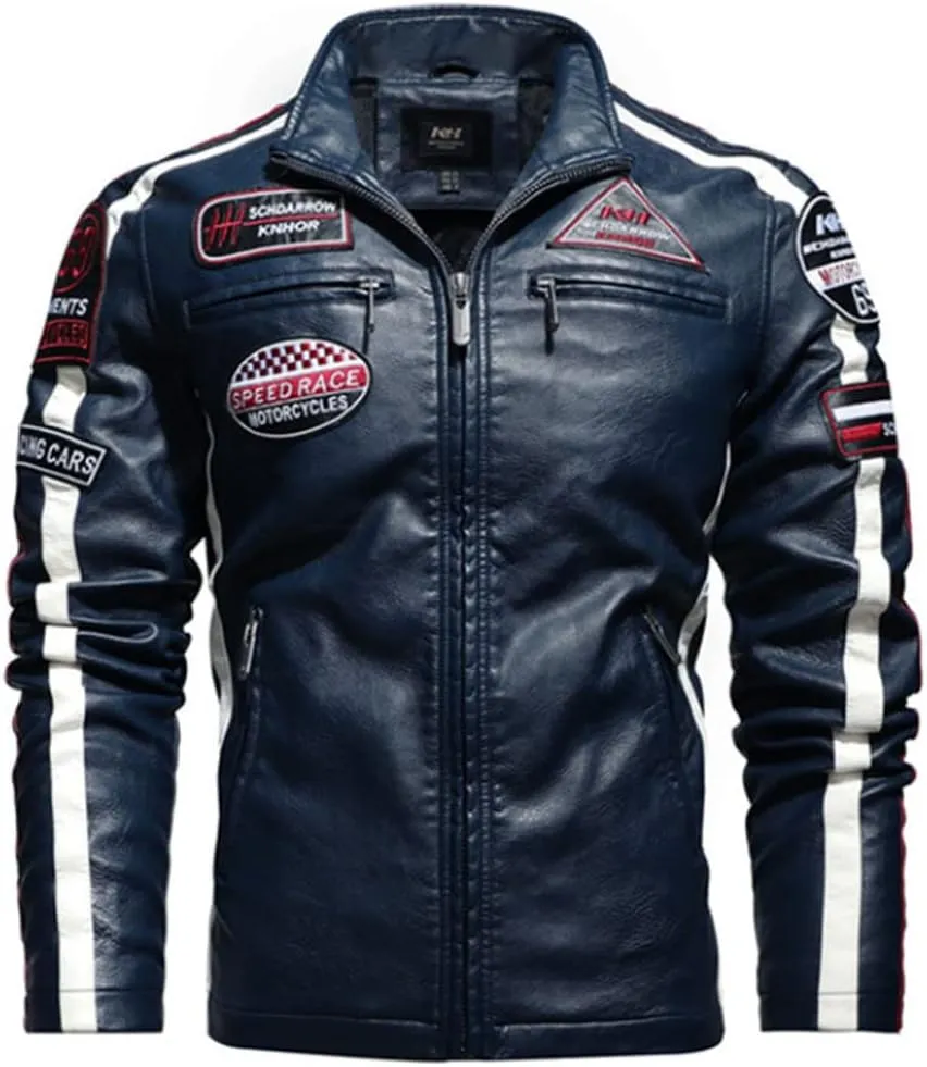 HZCX FASHION Mens Faux Leather Flight Bomber Jackets Motorcycle Badge Pu Jacket