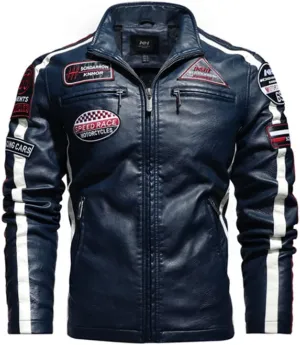 HZCX FASHION Mens Faux Leather Flight Bomber Jackets Motorcycle Badge Pu Jacket