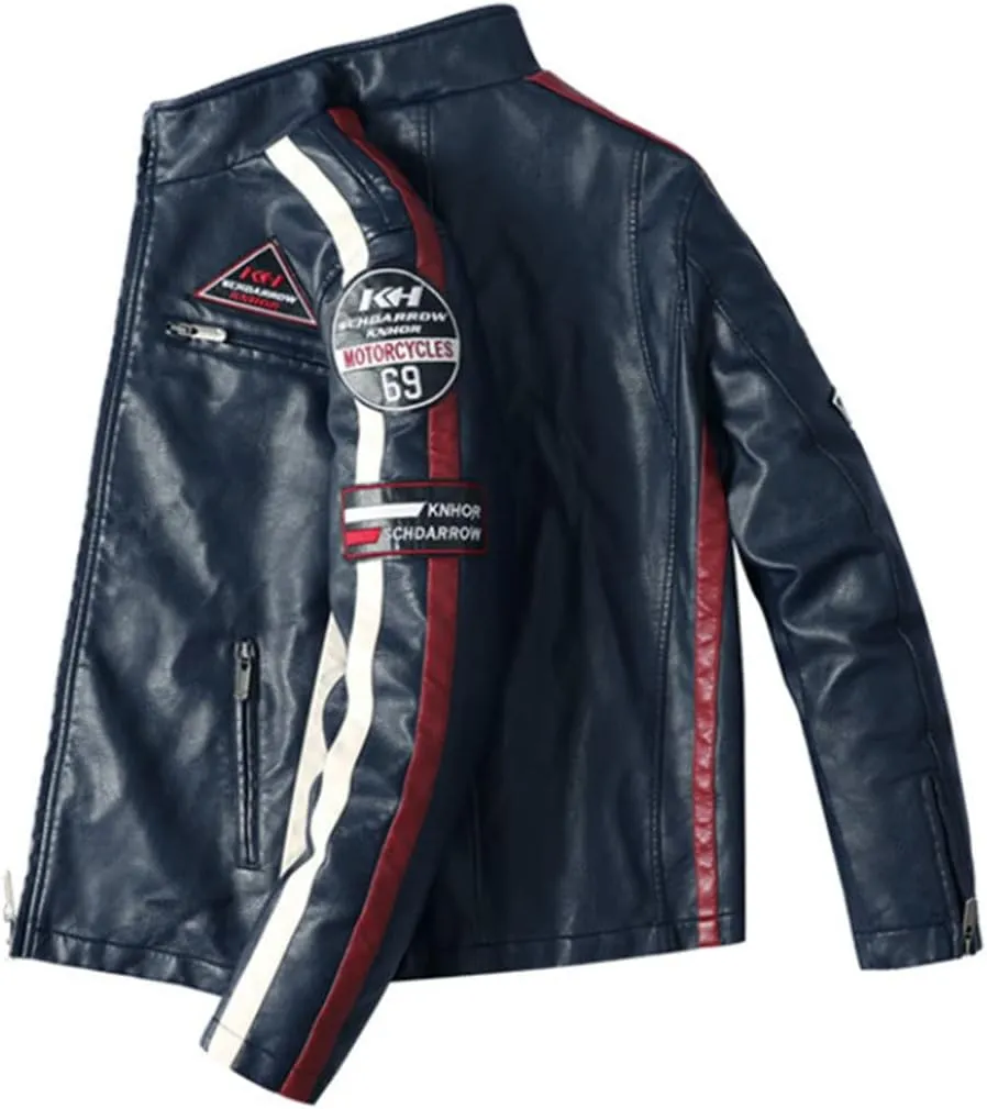 HZCX FASHION Mens Faux Leather Flight Bomber Jackets Motorcycle Badge Pu Jacket