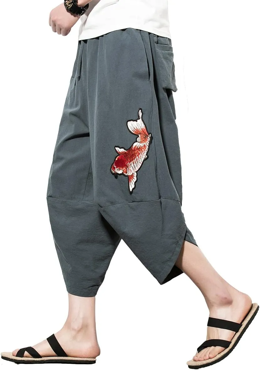 INVACHI Men's Harem Capri Pants Elastic Waist Loose Fit Drawstring Beach Yoga Trousers with Pockets