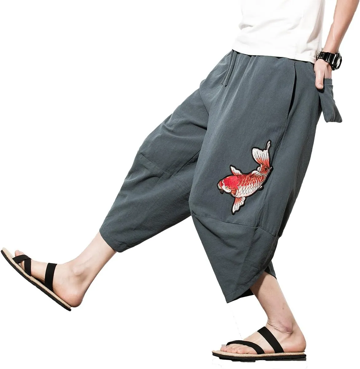 INVACHI Men's Harem Capri Pants Elastic Waist Loose Fit Drawstring Beach Yoga Trousers with Pockets