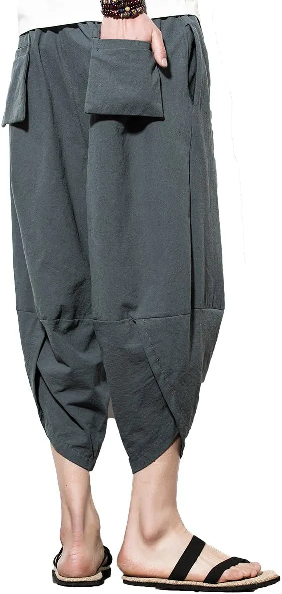 INVACHI Men's Harem Capri Pants Elastic Waist Loose Fit Drawstring Beach Yoga Trousers with Pockets